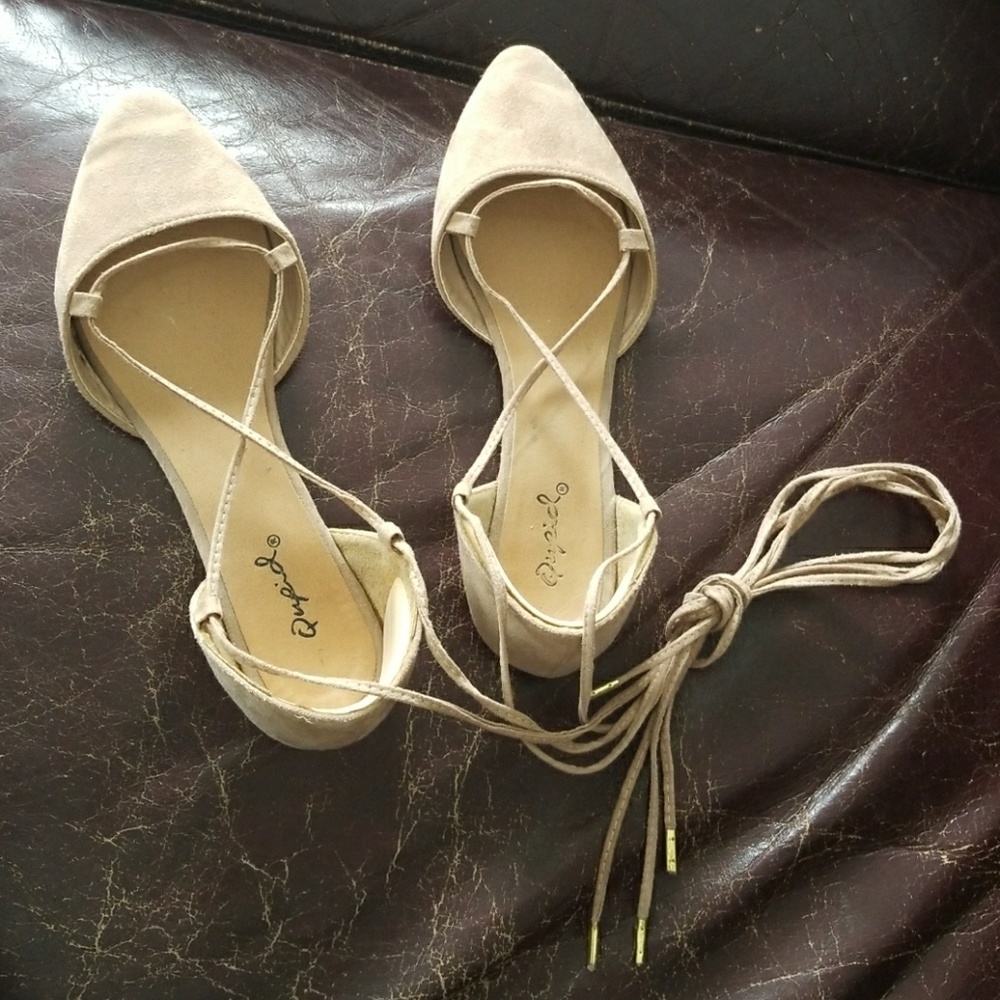 Nude Suede d'Orsay Flats with Ankle Ties